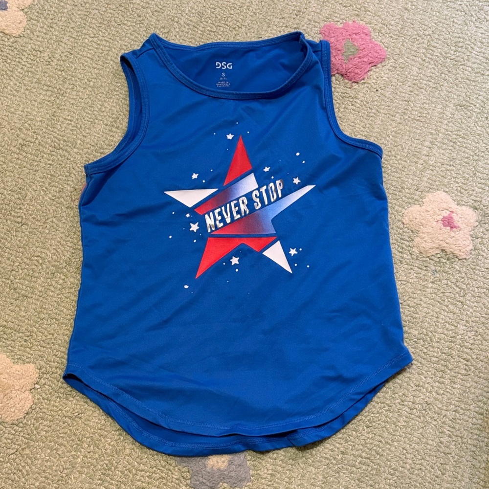 DSG Girls Blue Tank Top with Red, White Star 'Never Stop' Graphic